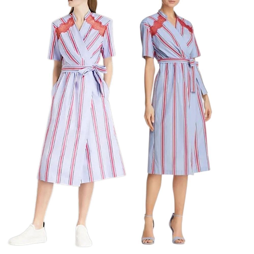 SANDRO Paris Mellow Stripe Blue Red Wrap Midi Shirt Dress Lace Inserts Size S